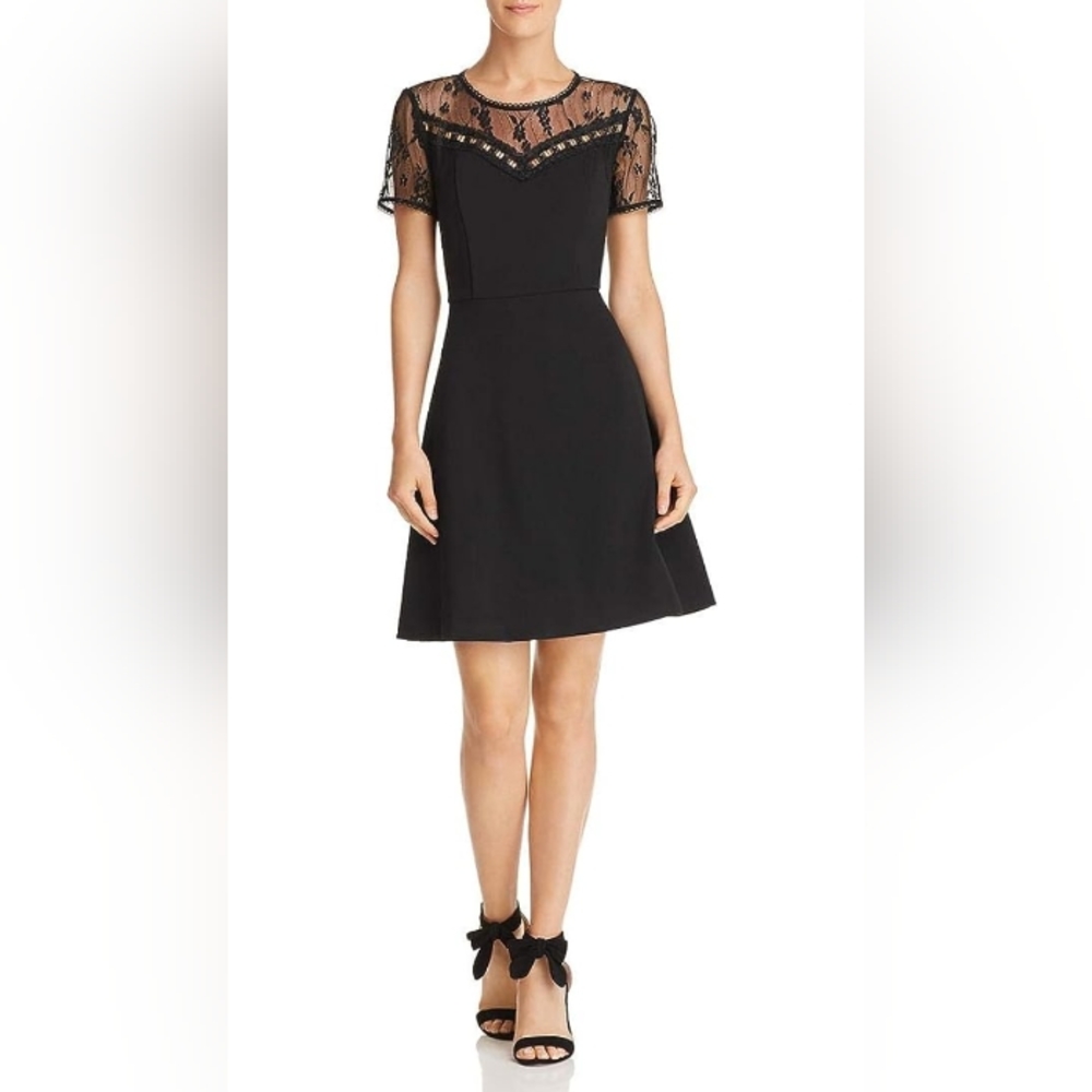 Sslv Woven Lace Yoke Midi Crepe SheathDress Black